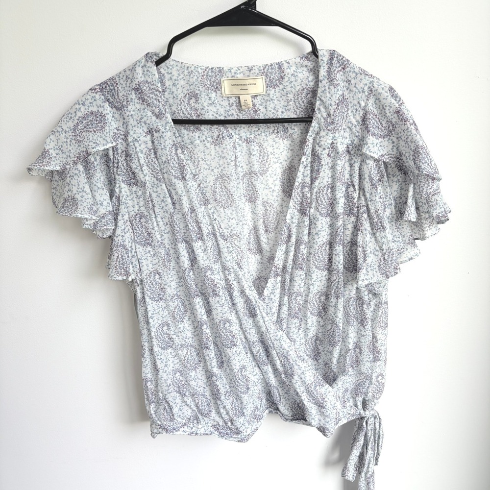 Moulinette Soeurs Silk Cotton Wrap Top 10 Cottagecore Blue Floral Flutter Sleeve
